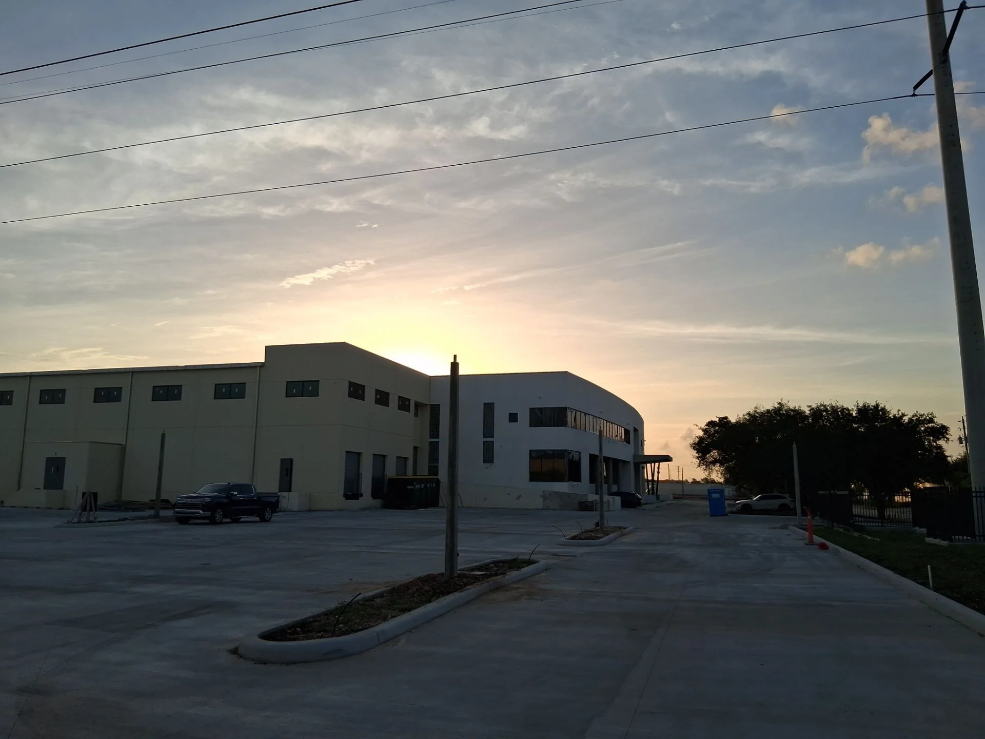 Warehouse exterior at sunset